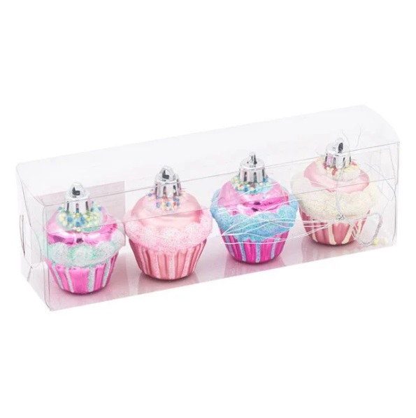 Karácsonyfa dísz cupcake lila rózsaszín csillogás 5,5 cm - 4 db