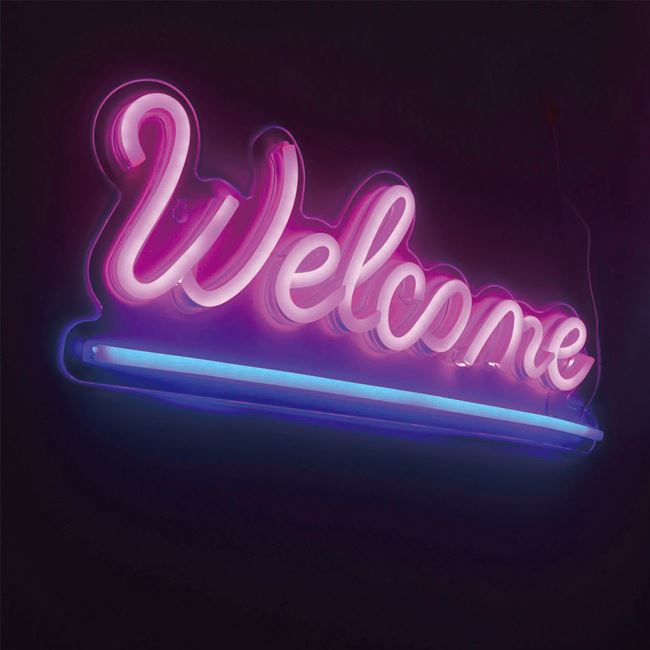 LED neon lámpa rózsaszín és kék "Welcome" 41x16cm