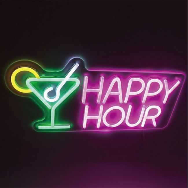 LED Neon lámpa rózsaszín zöld fehér &sárga "Happy Hour" koktél 43x21cm